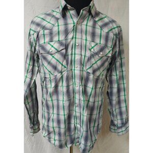 Cowboy Legends Mens Large Grey Green Plaid Western Long Sleeve Peral Snap Shirt